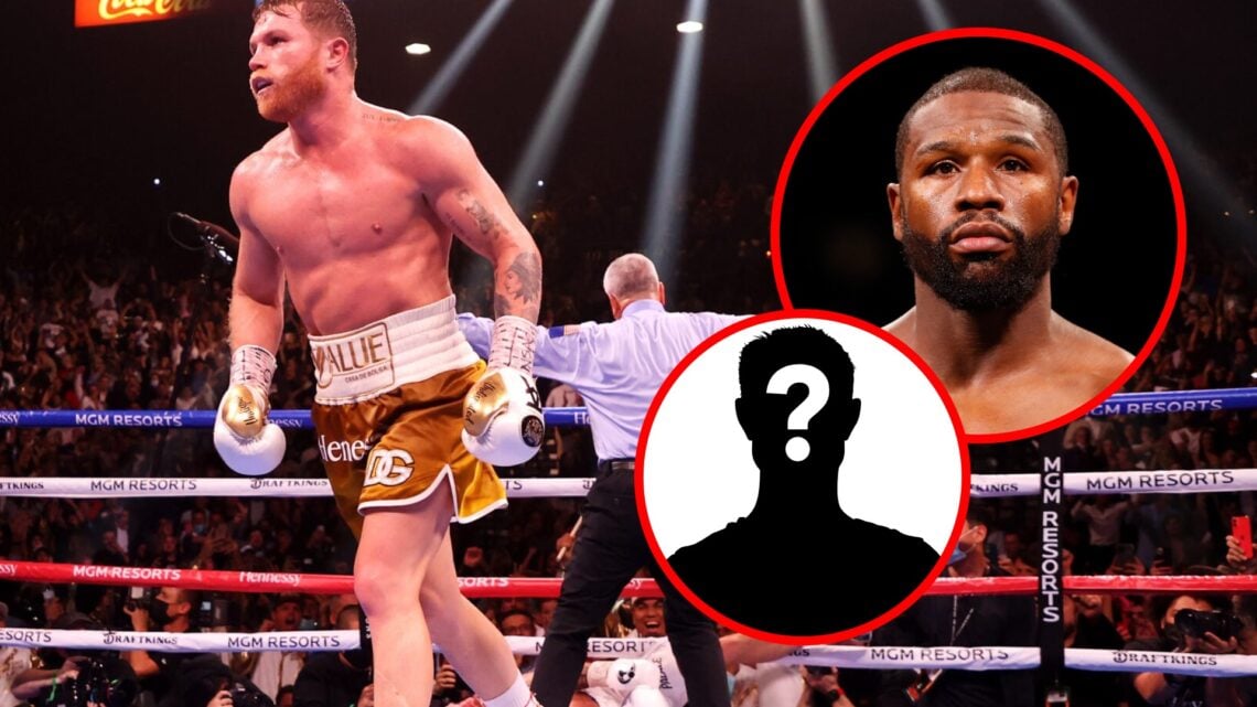 Canelo runs to his corner after KOing Caleb Plant with insets of Floyd Mayweather and mystery silhouette
