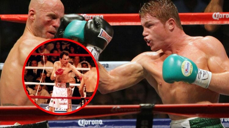 Canelo lands an uppercut on Ryan Rhodes with inset of Genaro Hernandez vs Oscar De La Hoya
