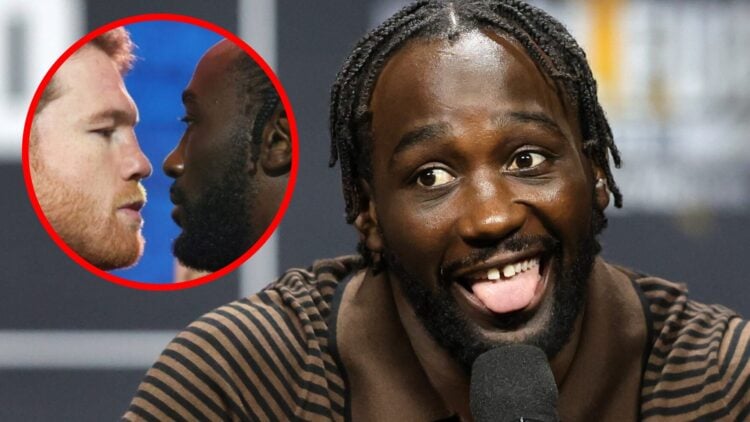 Terence Crawford pokes out his tongue with inset of Canelo and Crawford facing off