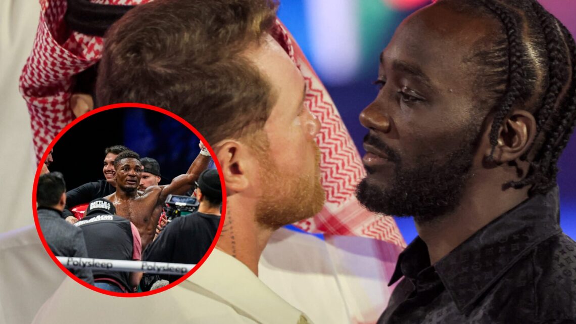 Terence Crawford and Canelo face off with inset of Christian Mbilli raising his hand