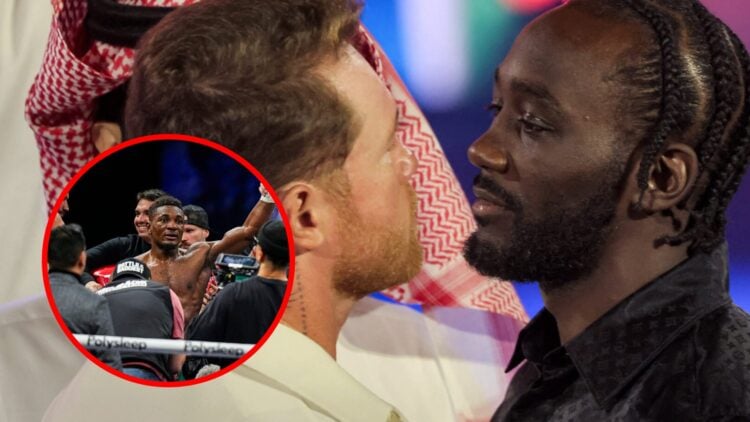Terence Crawford and Canelo face off with inset of Christian Mbilli raising his hand