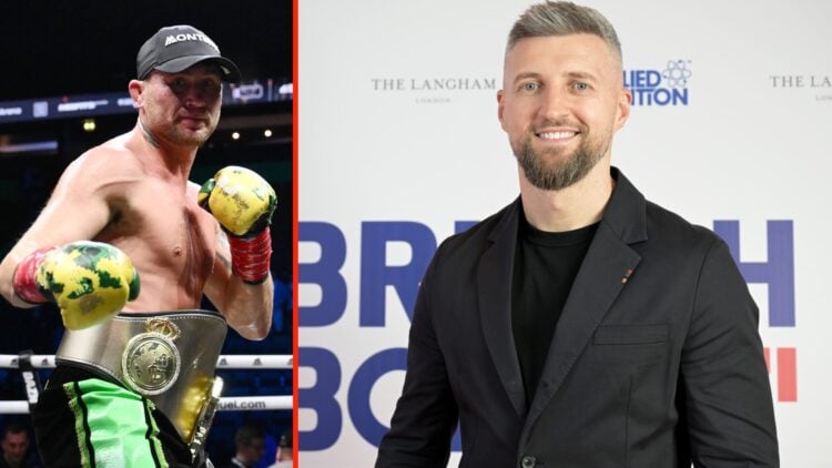 Left: Darren Till celebrates in the ring after his knockout win over Luke Rockhold at Misfits Boxing 22. Right: Carl Froch attends the British Boxi...