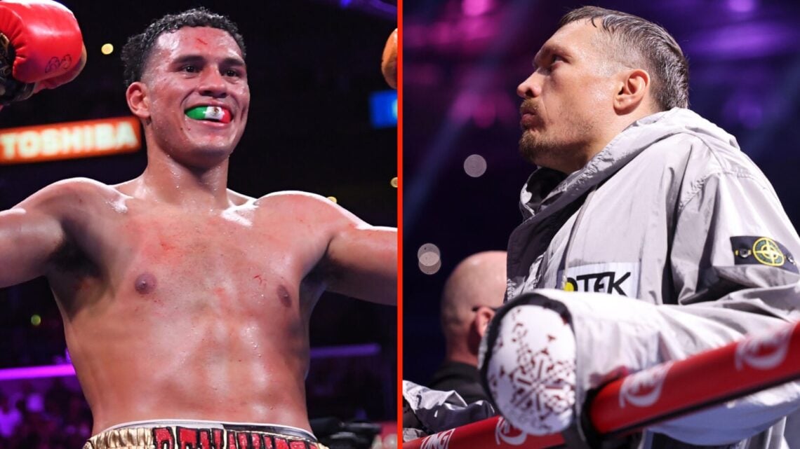 Left: David Benavidez in the ring. Right: Oleksandr Usyk in the ring before his undisputed heavyweight title fight with Daniel Dubois