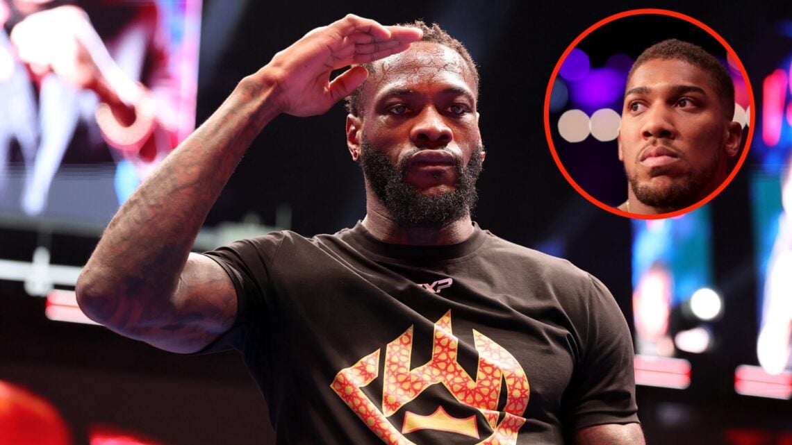 Center: Deontay Wilder attends the open workouts ahead of his fight with Zhilei Zhang in May, 2024. Insert: Anthony Joshua looks on in the ring ahe...