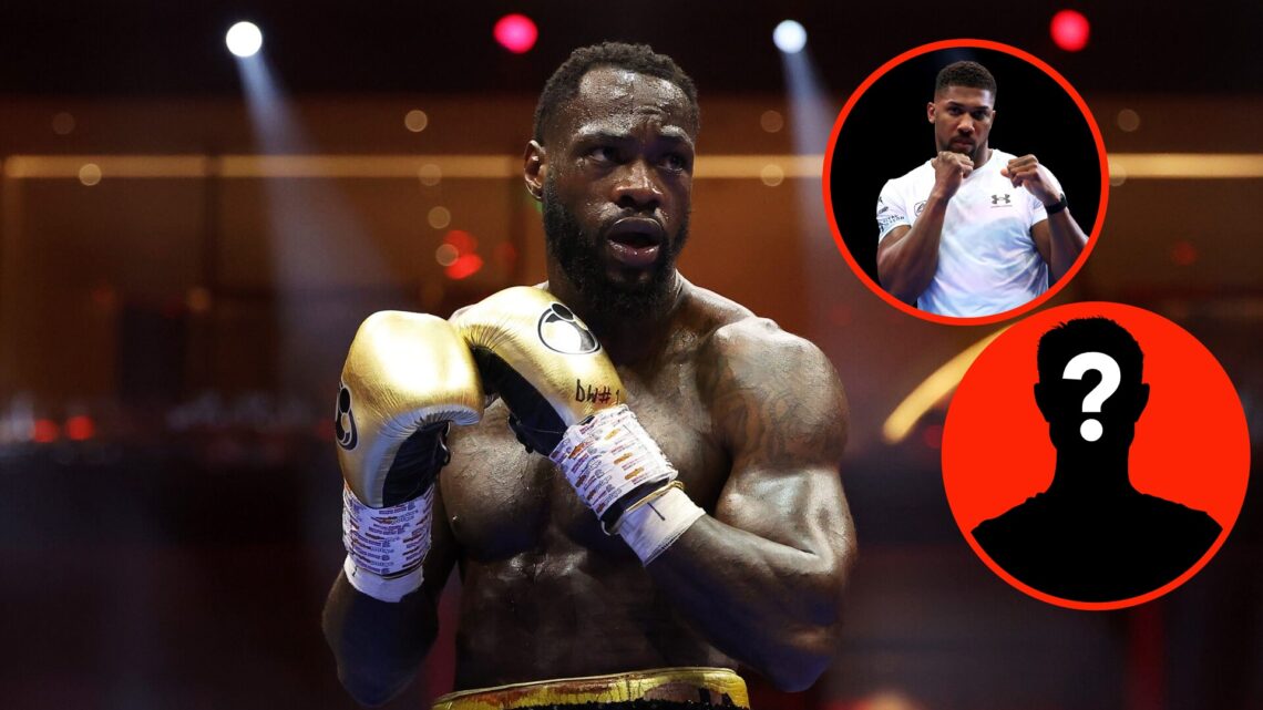 Center: Deontay WIlder in the ring during his heavyweight fight with Zhilei Zhang. Insert: Anthony Joshua attends the open workouts ahead of his IB...