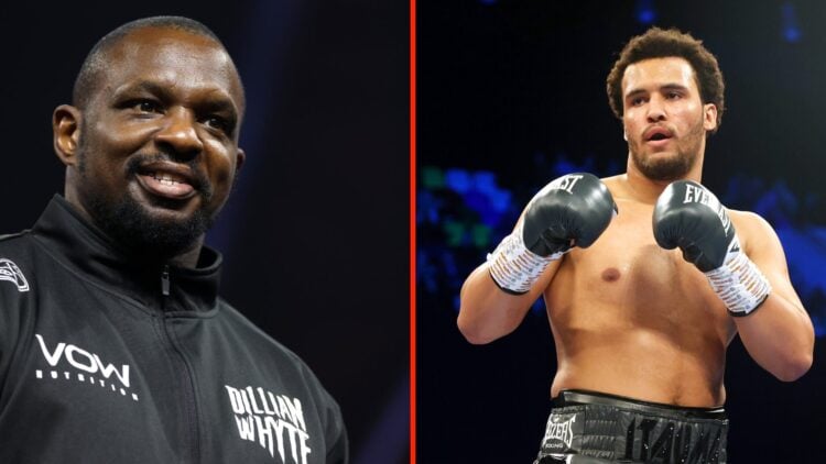 Dillian Whyte looks on at grand arrivals in Saudi Arabia while wearing tracksuit and Moses Itauma during fight with Kostiantyn Dovbyshchenko