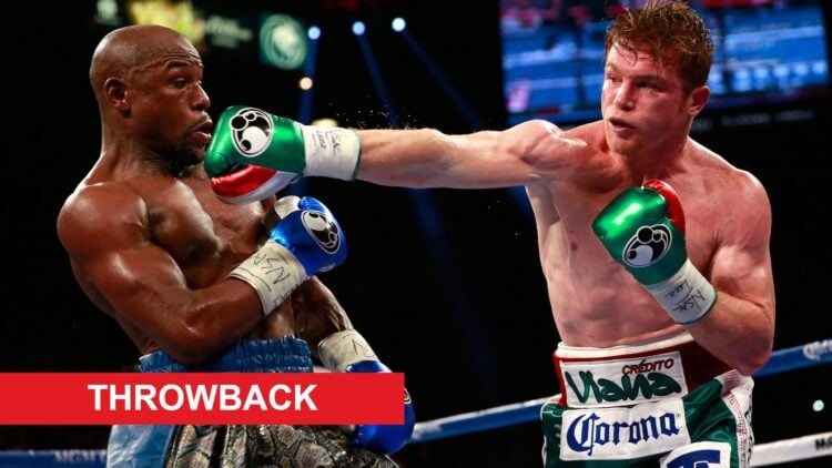 Floyd Mayweather Jr dodges a right hand from Canelo Alvarez