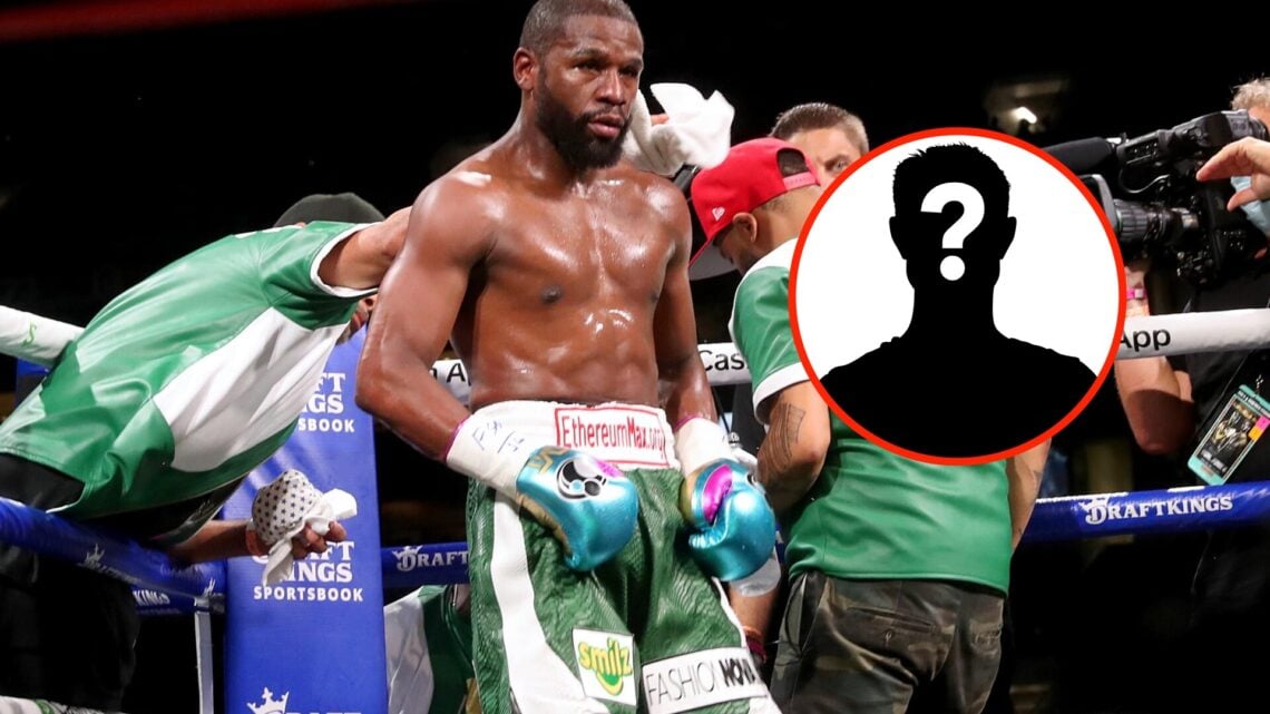 Center: Floyd Mayweather in the ring during his fight with Logan Paul. Insert: Mystery Fighter
