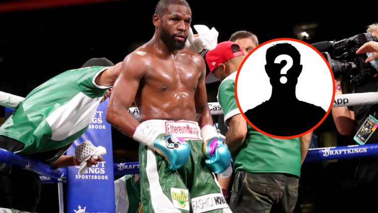Center: Floyd Mayweather in the ring during his fight with Logan Paul. Insert: Mystery Fighter
