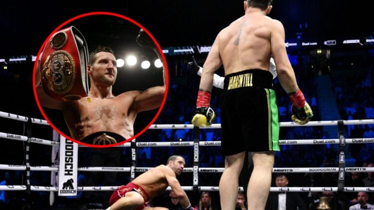 Darren Till looks on at a downed Luke Rockhold with inset of Carl Froch holding his world title belt