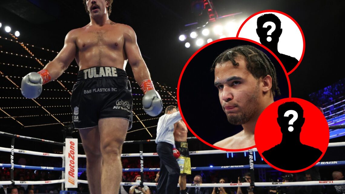 Richard Torrez walks away after scoring a KO with inset of Moses Itauma with braids and mystery silhouettes