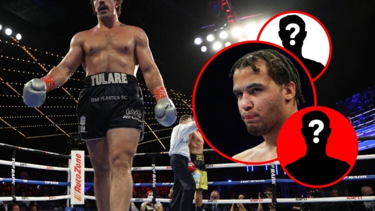 Richard Torrez walks away after scoring a KO with inset of Moses Itauma with braids and mystery silhouettes