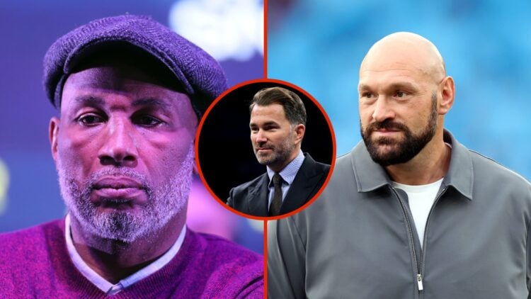 Split image of Lennox Lewis and Tyson Fury both looking into the distance with an inset of Eddie Hearn looking into distance