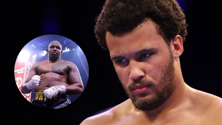 Moses Itauma looks down in the ring close-up with inset of Dillian Whyte after his fight with Mariusz Wach