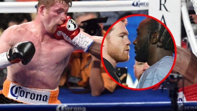Canelo takes a left hand to the jaw from Erislandy Lara with inset of Canelo and Crawford facing off