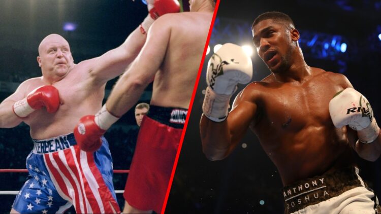 Butterbean throws a punch at his opponent split with Anthony Joshua in the ring against Takam