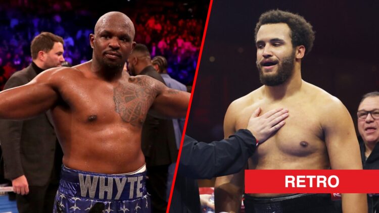 Dillian Whyte celebrates a win in the ring split with Moses Itauma speaking to Ben Davison after a fight
