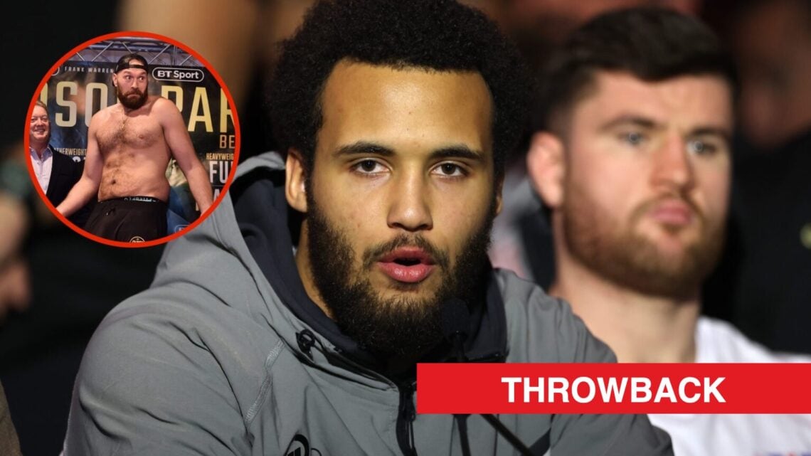 Credit: Image of Moses Itauma sitting in crowd with an inset of Tyson Fury at weigh-ins shrugging his shoulders with throwback label