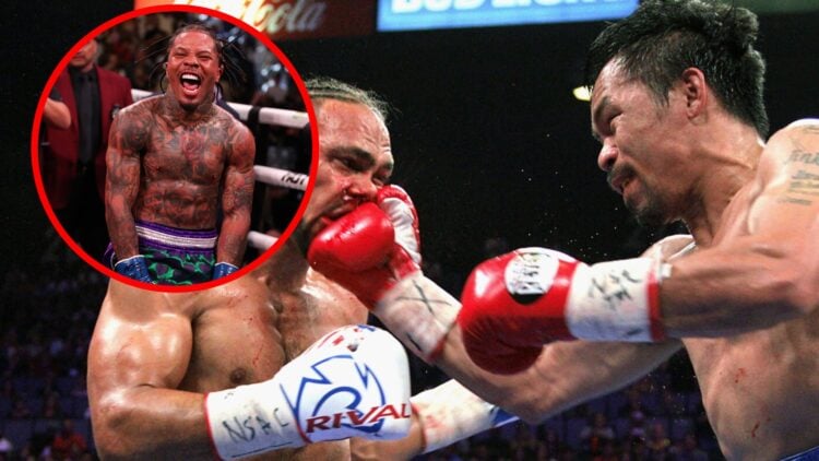 Manny Pacquiao lands a right uppercut flush on Keith Thurman with inset of Gervonta Davis celebrating a KO win