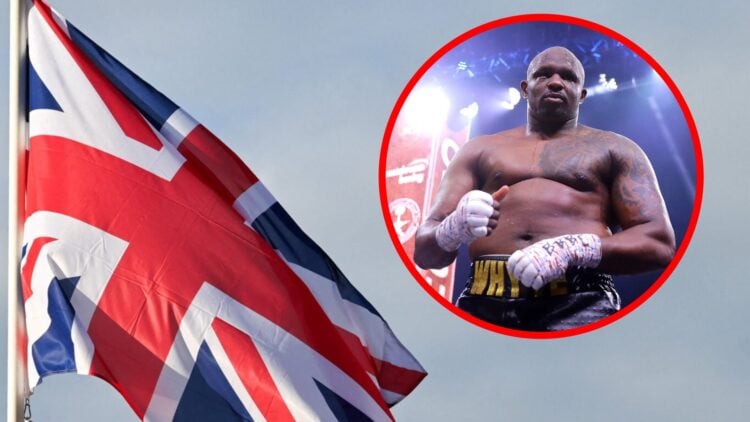 Union Jack flying in the wind with inset of Dillian Whyte after his fight with Mariusz Wach