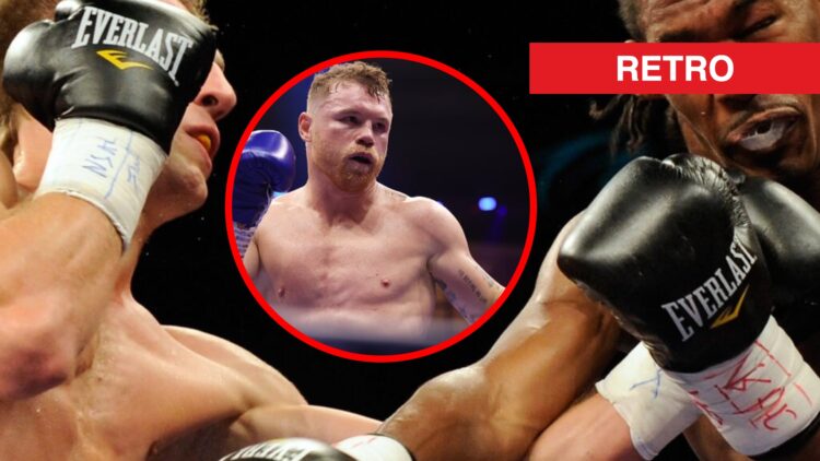 Close-up as Dmitry Pirog lands on the face of Daniel Jacobs with inset of Canelo in the ring during his fight with William Scull