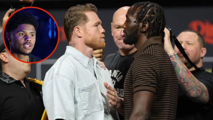 Image of Terence Crawford and Canelo Alvarez facing off with inset of Shakur Stevenson close up