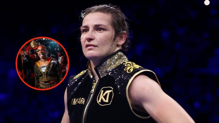 Insert: Claressa Shields v Danielle Perkins. Right: Katie Taylor in the ring before her fight with Chantelle Cameron in Dublin, Ireland