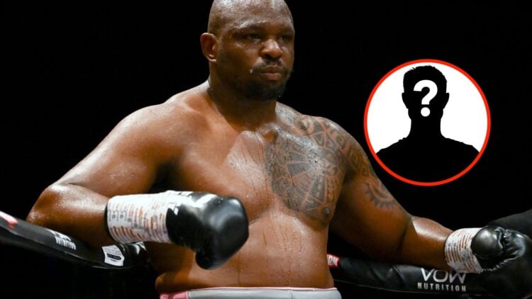 Center: Dillian Whyte looking relaxed while leaning on ropes in ring. Insert: Mystery Fighter