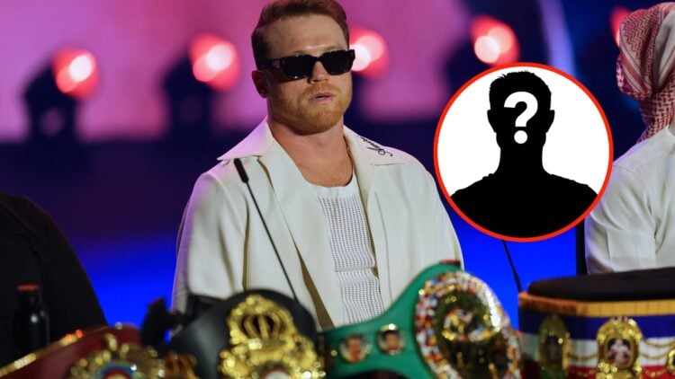 Center: Saul 'Canelo' Alvarez looking into the distance at a press conference. Insert: Mystery Figure