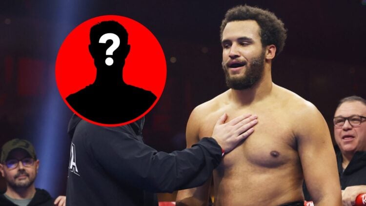 Moses Itauma stood with Ben Davison in the ring with inset of mystery silhouette