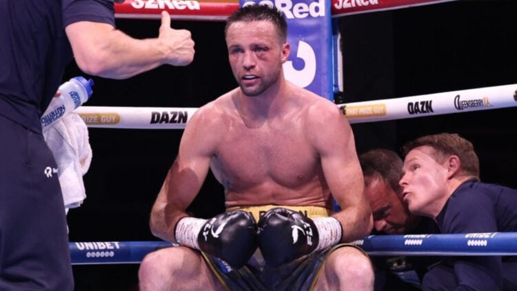 Josh Taylor sat on his stool in between rounds against Ekow Essuman