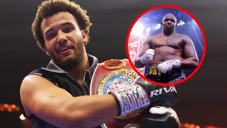 Moses Itauma brandishes a belt after defeating Demsey McKean with inset of Dillian Whyte during his fight with Mariusz Wach