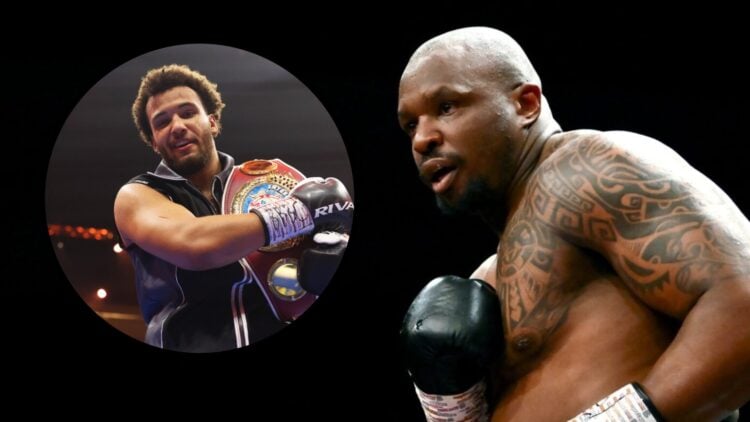 Dillian Whyte in the ring vs Christian Hammer with inset of Moses Itauma brandishing a belt after defeating Demsey McKean