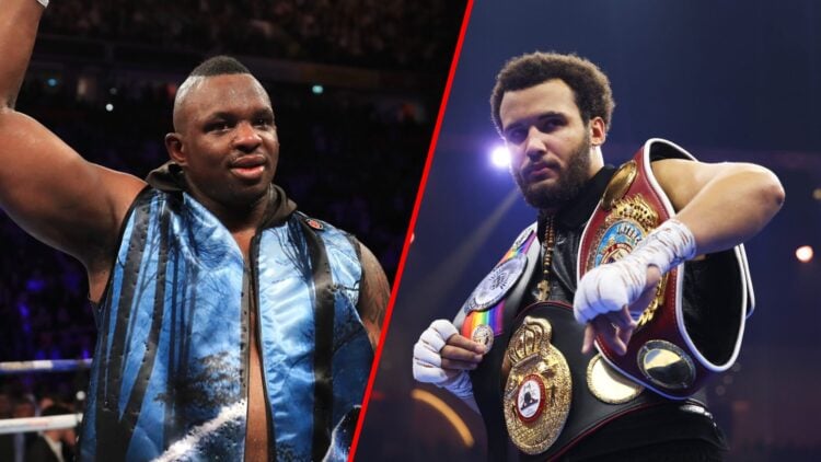 Whyte raises his hand after beating Derek Chisora split with Moses Itauma holding a belt over his shoulder