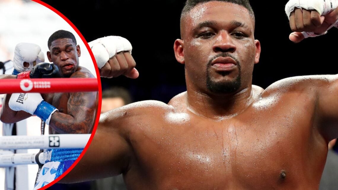 Jarrell Miller flexes in the ring with inset of Jared Anderson being punched in the face by Martin Bakole