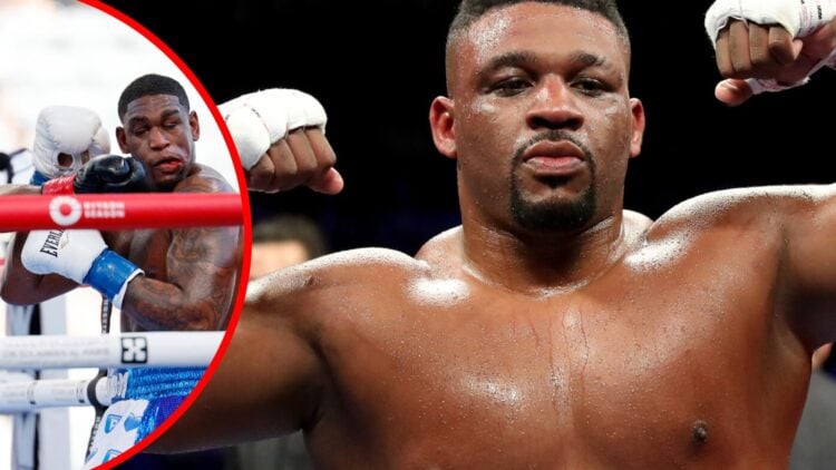 Jarrell Miller flexes in the ring with inset of Jared Anderson being punched in the face by Martin Bakole
