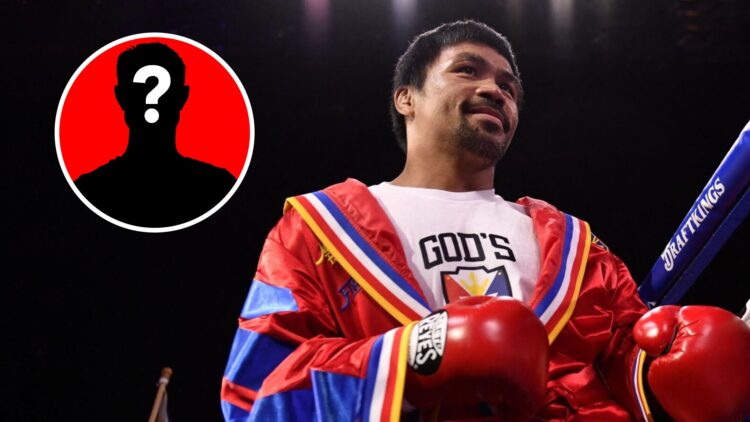 Manny Pacquiao in the ring with his robe on with inset of mystery silhouette