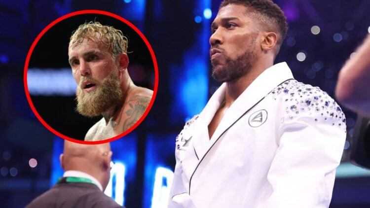 Anthony Joshua in bejewelled white ring robes with inset of Jake Paul in the ring