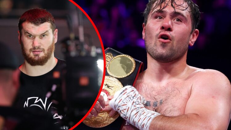 Dave Allen holds a belt after defeating Johnny Fisher with inset of Arslanbek Makhmudov as he walks to the ring to face Agit Kabayel
