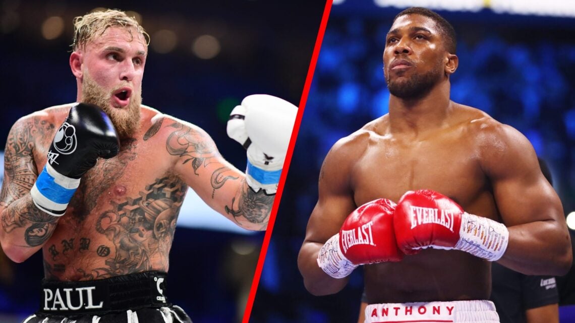 Jake Paul during his fight with Mike Perry split with Anthony Joshua in the ring against Jermaine Franklin