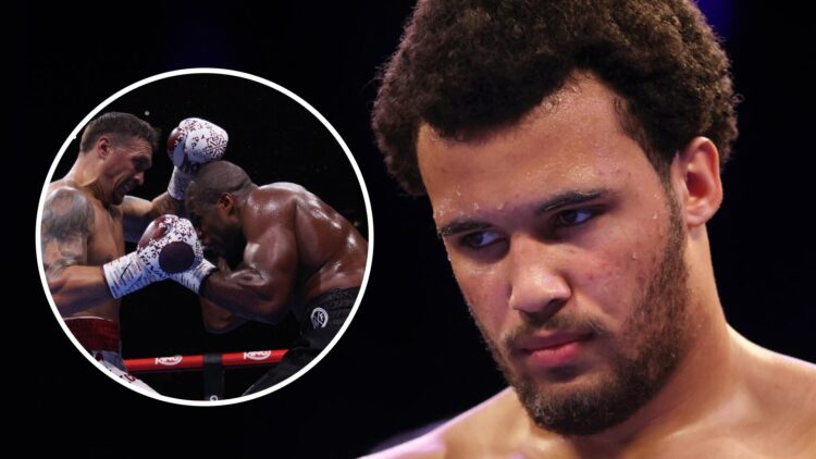 Moses Itauma looks down in the ring with inset of Oleksandr Usyk fighting Daniel Dubois