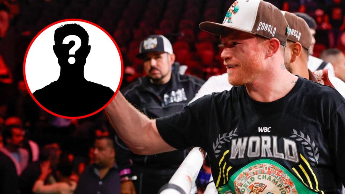 Canelo after his win over Edgar Berlanga with inset of mystery silhouette