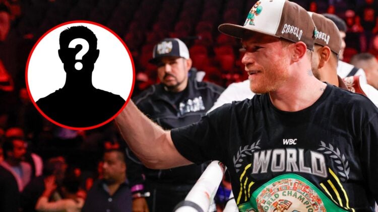 Canelo after his win over Edgar Berlanga with inset of mystery silhouette