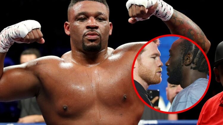 Jarrell Miller flexes in the ring with inset of Canelo and Crawford facing off