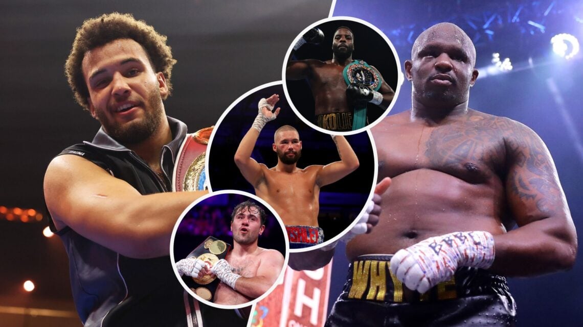 Itauma holding belts after beating McKean split with Whyte after his fight with Wach with inset of Dave Allen with a belt, Lawrence Okolie with a b...
