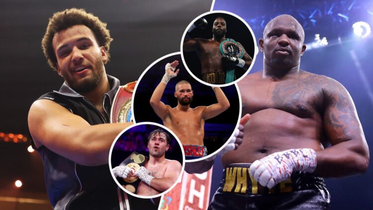 Itauma holding belts after beating McKean split with Whyte after his fight with Wach with inset of Dave Allen with a belt, Lawrence Okolie with a b...