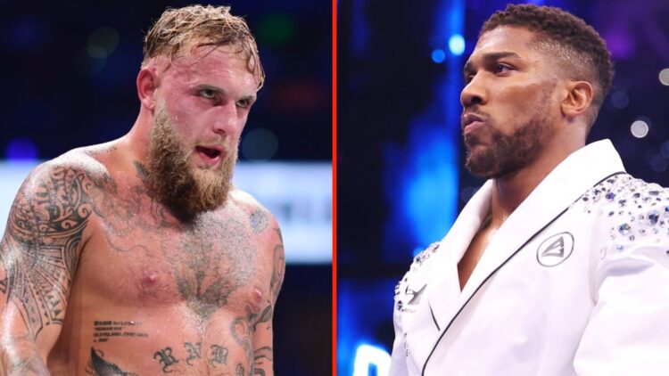 Left: Jake Paul during his fight with Mike Perry. Right: Anthony Joshua walks out for his heavyweight title clash with Daniel Dubois dressed in whi...