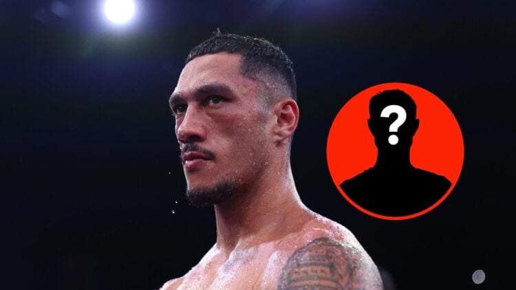 Center: Jai Opetaia in the ring after his IBF and The Ring cruiserweight title fight win over Claudio Squeo Insert: Mystery Fighter