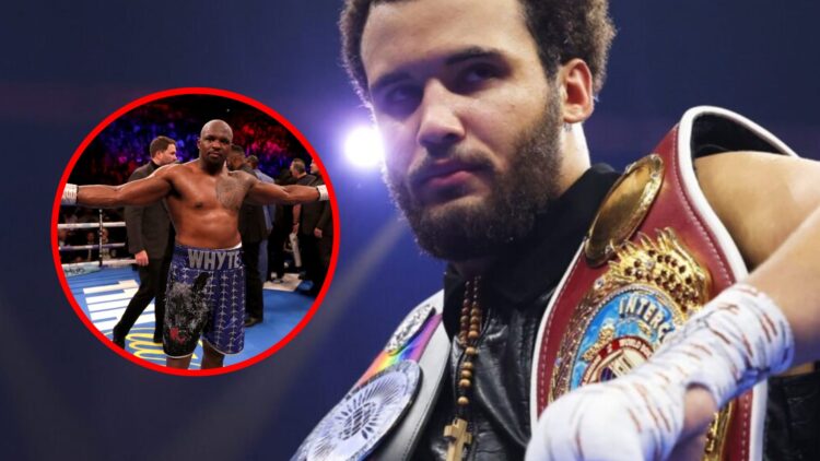 Moses Itauma with belt over his shoulder with inset of Dillian Whyte with his arms wide open in the ring