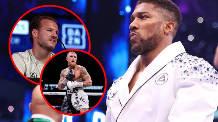 anthony joshua in bejewelled white ring robes with inset of jake paul in the ring and Ben Davison speaking at a press conference